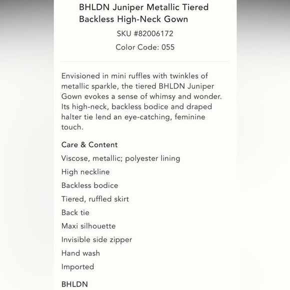 Anthropologie x BHLDNJuniperMetallicTiered
Backless High-Neck Gown/ size 2 - Picture 9 of 10